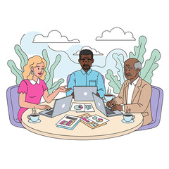Poster - Diverse team collaborating with laptops and charts at a round table