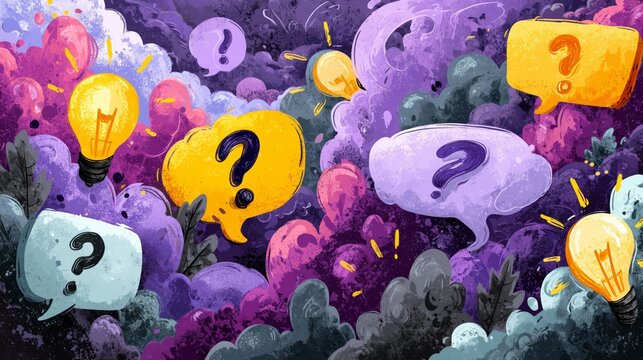 Floating text bubbles, brain sparks, question marks, and light bulbs 