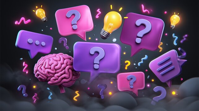 Floating text bubbles, brain sparks, question marks, and light bulbs 