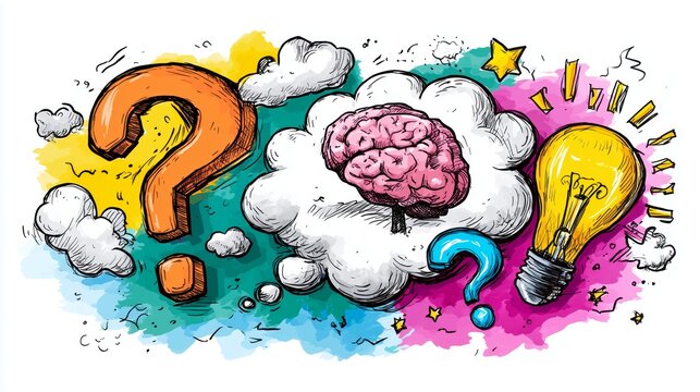 Floating text bubbles, brain sparks, question marks, and light bulbs 