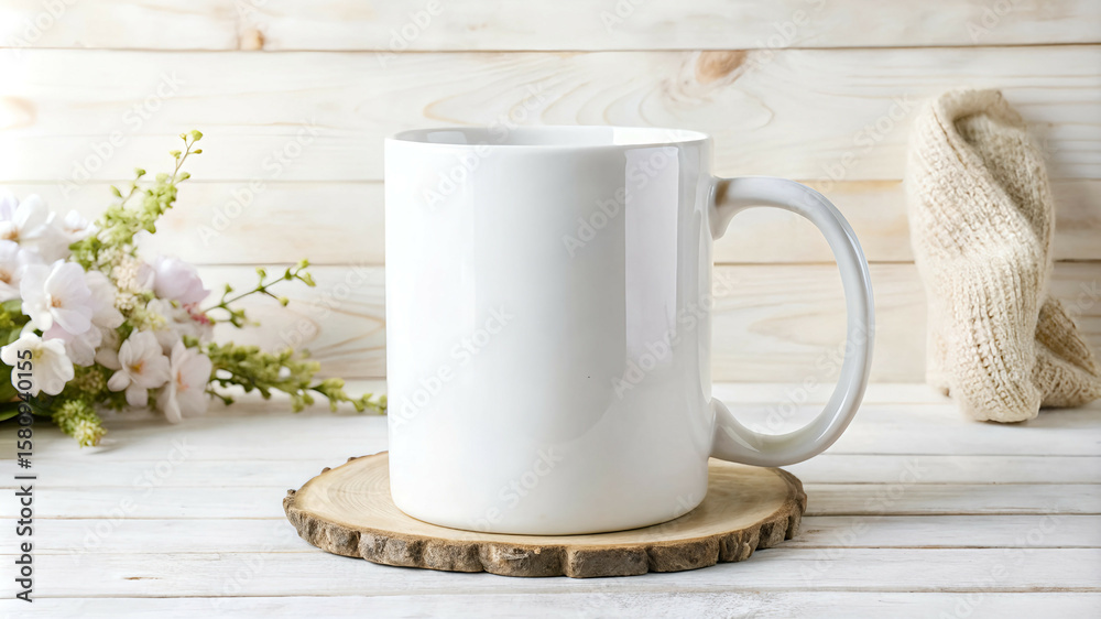Blank white coffee mug mockup on wooden slice coaster with white wood  background for your design or business branding perfect for showcasing  designs Stock Photo | Adobe Stock