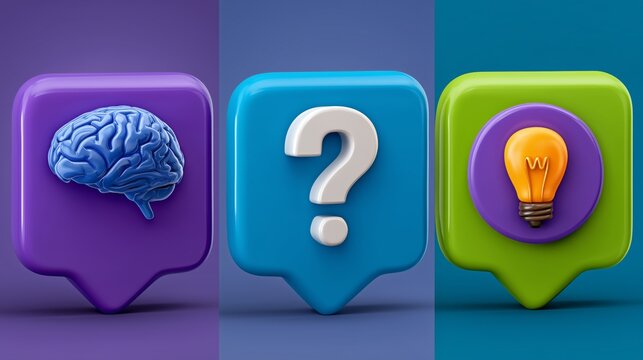Floating text bubbles, brain sparks, question marks, and light bulbs 