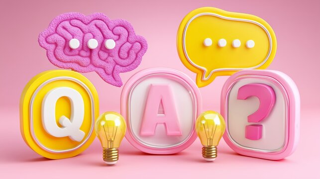 Floating text bubbles with text Q & A, brain sparks, question marks, and light bulbs 