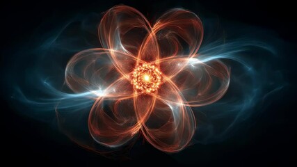 Poster - A captivating portrayal of an atom enveloped in radiant energy currents emphasizing the harmony between science and creativity. The fluid patterns suggest a sense of ongoing exploration