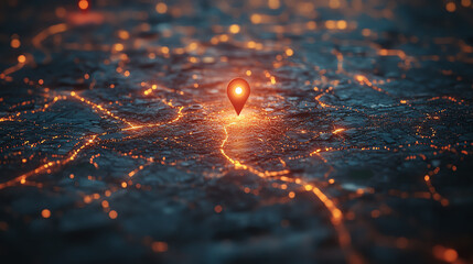 Poster - A close-up view of a digital map with illuminated paths and a location marker, symbolizing navigation and connectivity in technology.