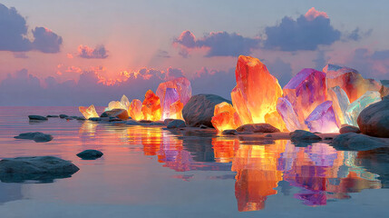 Poster - Colorful glowing crystal rocks reflecting on calm water under a vibrant sunset, creating a surreal seascape