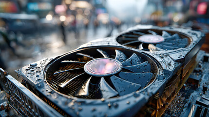Poster - Close-up of a wet GPU cooling fan with water droplets on the blades and housing, highlighting the red and black high-performance design