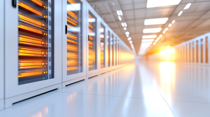 Poster - A futuristic data center showcasing rows of servers with warm glowing lights and a sleek, modern aesthetic.