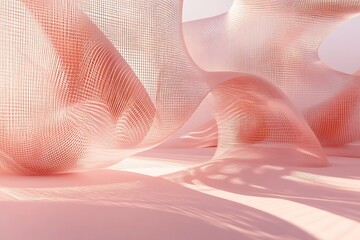 Poster - A field of spinning wireframe shapes over a pastel pink plane, shadows dancing in rhythmic waves 
