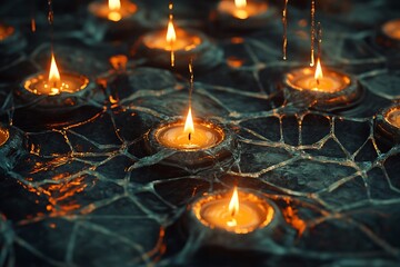 Poster - Burning candles floating in a grid pattern over a smooth stone surface, wax dripping mid-air -