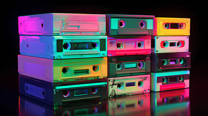 Poster - Stack of Pastel Colored VHS Tapes with Neon Glow and Reflection