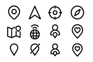 Poster - Set of dark navigation icons featuring maps and location pointers in modern silhouette style