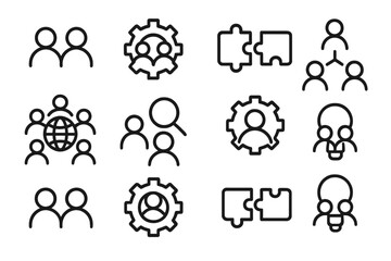 Poster - Black linear icons of teamwork, puzzle, and network concepts