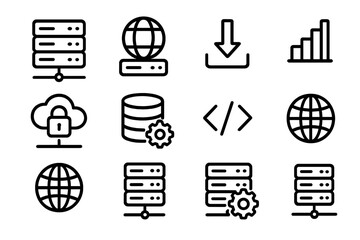 Poster - Set of network and server icons: technology and data management symbols