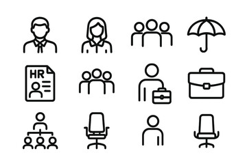 Poster - Minimalist business icons set featuring people, documents, and office elements