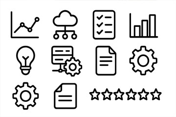 Poster - Minimalist black outline icons: technology, data, and business elements