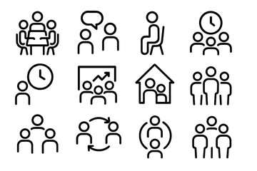Poster - Minimalist line icons depicting teamwork and business concepts on black background