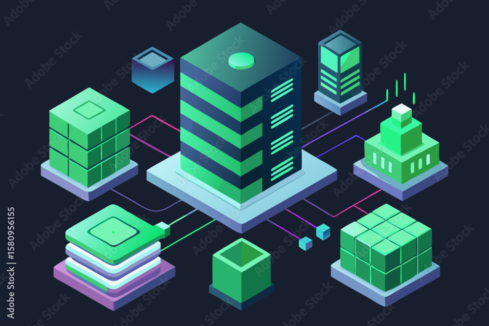 Isometric Data Center Illustration with Servers and Network Connections ...