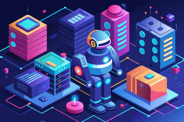 Poster - Isometric Robot Standing Among Colorful Servers and Data Centers in a Futuristic City