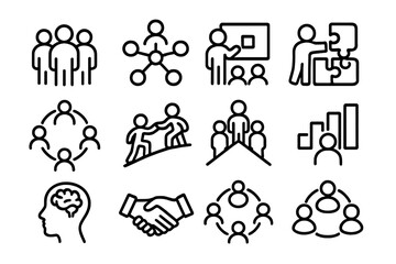 Poster - Linear icons depicting teamwork and collaboration in business settings