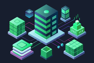 Poster - Isometric Data Center Illustration with Servers and Network Connections in Green and Blue