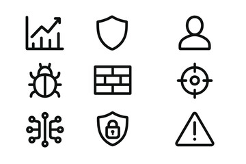 Poster - Cybersecurity icons set: shield, graph, bug, firewall, circuit, lock, target, alert symbols on dark background