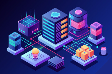 Poster - Isometric Data Center Illustration with Servers Network Connections and Lightbulb Idea
