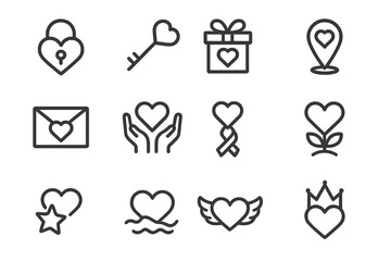 Poster - Heart icon set on dark background: love and romance symbols in minimalist style