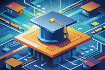 Poster - Isometric Graduation Cap on Circuit Board Digital Education and Technological Advancement
