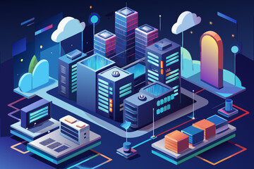 Poster - Isometric Cityscape with Data Centers Clouds and Network Connections in a Digital World