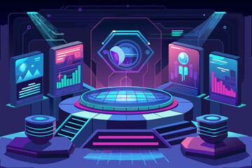 Poster - Futuristic Control Room with Holographic Displays and Platform in Neon Colors