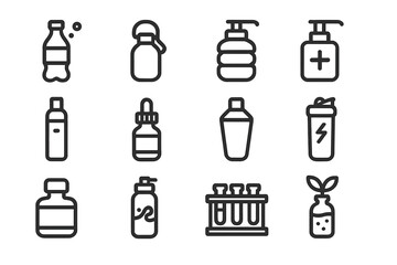 Poster - Line icons of bottles and containers on dark background