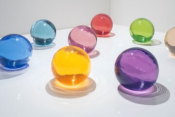 Poster - Floating spheres of colored water hovering over a matte white surface, reflecting soft ambient light