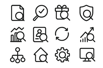 Poster - Black linear icons on dark background: search, analysis, security, search