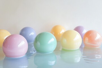 Poster - Floating spheres of colored water hovering over a matte white surface, reflecting soft ambient light