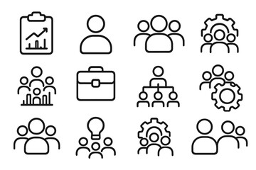 Poster - Black linear business icon set on dark background featuring people and gear
