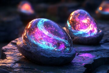 Poster - Geodes levitating over a cracked stone slab, glowing from within with swirling color -