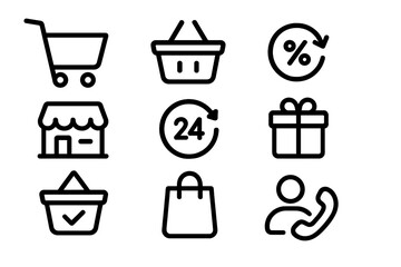 Poster - Minimalist shopping icons set featuring cart, basket, store, gift, support, and discount symbols