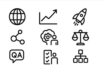 Poster - Black linear icons on gray background featuring technology and business concepts