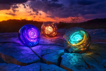 Poster - Geodes levitating over a cracked stone slab, glowing from within with swirling color -