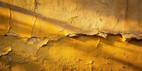 Poster - Golden Hues of a Weathered Surface A Detailed Texture Study of an Aged Wall with Extensive Cracking and Peeling Paint, Illuminated by Warm Sunlight