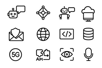 Poster - Minimalist technology icons: ai, cloud, security, and data in black linear style