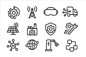 Poster - Industrial technology icons set: innovation and connectivity in simple line style
