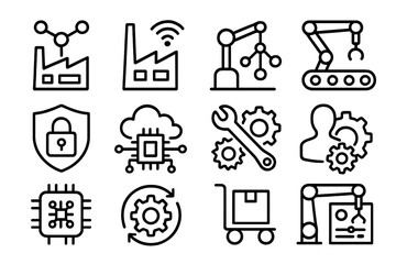 Poster - Industrial technology icons: automation, security, and robotics in linear style