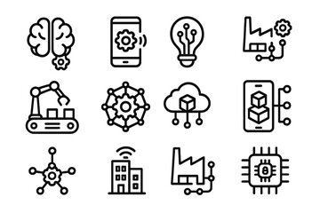 Poster - Industrial technology icons set with brain, gear, and network symbols in linear style