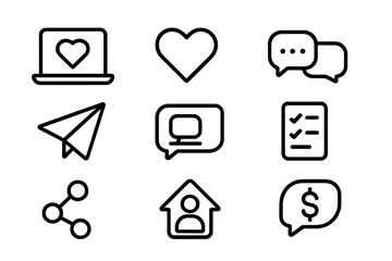 Poster - Black outline communication and social media icons on grayscale background