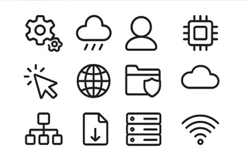 Poster - Monochrome linear technology icons set with cloud and networking elements