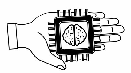 Leinwandbilder - Hand holding a computer chip with a brain symbol inside of it