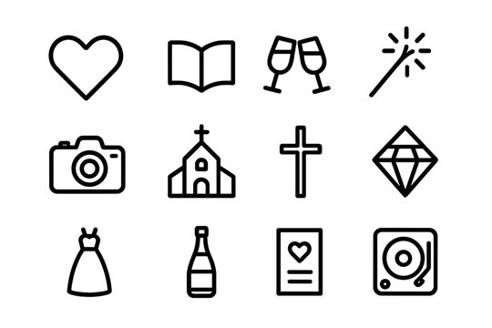 Icon set featuring celebration, love, and lifestyle elements in dark linear style
