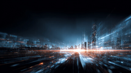 Poster - Futuristic cityscape with vibrant lights and abstract motion effects, representing innovation and digital transformation.
